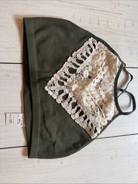 Boho Gypsy Sisters Olive Green Crop Top with Cream Crochet Panel